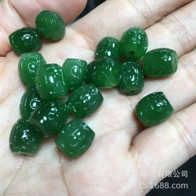 和田玉石莲花珠 回纹珠 和田碧玉回纹桶珠图2