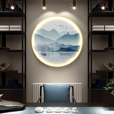 新中式LED灯发光画客厅背景墙圆形挂画现代简约玄关装饰画走廊画 2幅起售图2