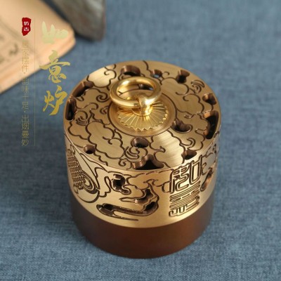 黄铜吉祥如意盘香炉中式禅意镂空沉香檀香炉熏香家用室内铜炉图2