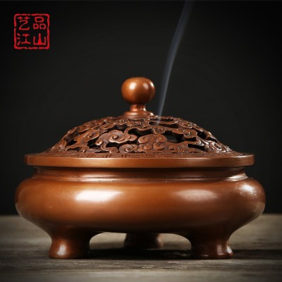 纯紫铜云纹盖三足香薰炉 可点蚊香盘香家用线香香炉 2个