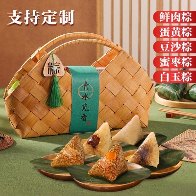 端午节粽子礼盒装实木盒嘉兴蛋黄鲜肉粽伴手礼品企业团购印制LOGO 2盒起批  绿野仙粽【国风竹编礼盒】图2
