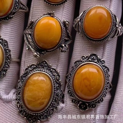 俄料琥珀蜜蜡 回流老蜜花蜡戒指 S925银镶嵌戒指手饰 满蜡 批发图3