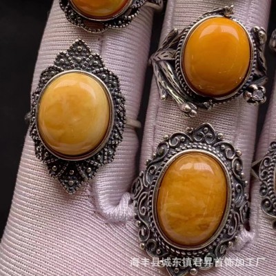 俄料琥珀蜜蜡 回流老蜜花蜡戒指 S925银镶嵌戒指手饰 满蜡 批发图4