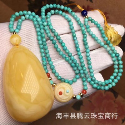 天然琥珀蜜蜡俄料白花蜜水滴吊坠蜡质饱满搭配绿松石配链全品三无图2