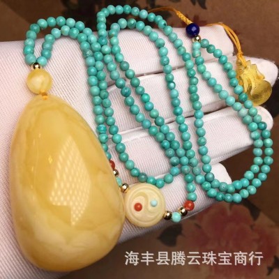 天然琥珀蜜蜡俄料白花蜜水滴吊坠蜡质饱满搭配绿松石配链全品三无图3