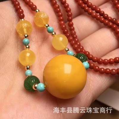 天然琥珀蜜蜡老蜜圆珠锁骨链蜡质浓郁搭配南红配链点缀碧玉莲花珠图4