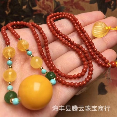 天然琥珀蜜蜡老蜜圆珠锁骨链蜡质浓郁搭配南红配链点缀碧玉莲花珠图3