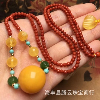 天然琥珀蜜蜡老蜜圆珠锁骨链蜡质浓郁搭配南红配链点缀碧玉莲花珠图2