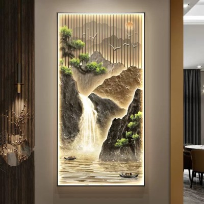 流水生财玄关装饰画入户门走廊过道挂画新中式山水竖版客厅带灯画