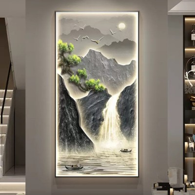 流水生财玄关装饰画入户门走廊过道挂画新中式山水竖版客厅带灯画图2