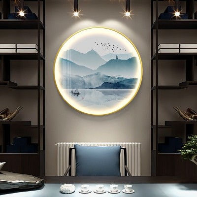 中式入户玄关装饰画圆形禅意背景墙带灯画客厅进门水墨山水壁挂画图3