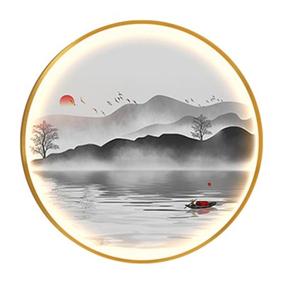 中式入户玄关装饰画圆形禅意背景墙带灯画客厅进门水墨山水壁挂画图4