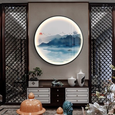 中式入户玄关装饰画圆形禅意背景墙带灯画客厅进门水墨山水壁挂画图2