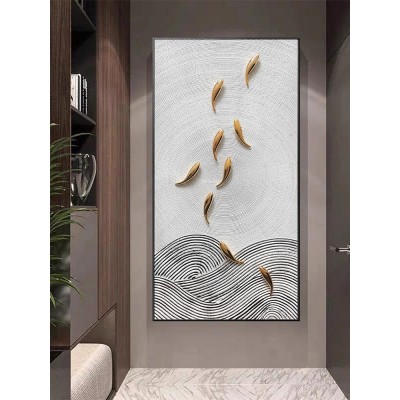 手绘九鱼图轻奢玄关装饰画寓意好简约客厅立体画竖版入户走廊壁画图2