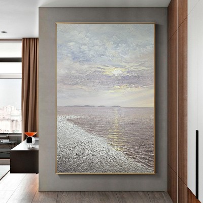 玄关手绘油画竖版玄幻过道走廊挂画沙滩日出风景装饰画肌理壁画图2
