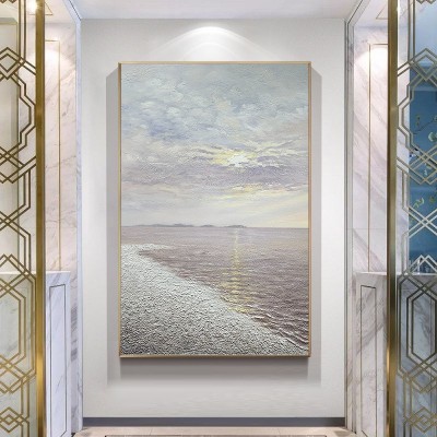 玄关手绘油画竖版玄幻过道走廊挂画沙滩日出风景装饰画肌理壁画图3