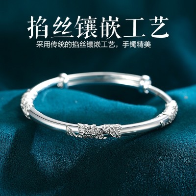 999纯银繁花似锦手镯实心花丝女士镯足银轻奢推拉简约银饰设计感图4