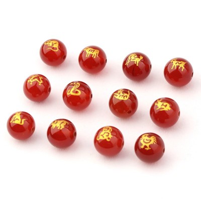 十二生肖烫金黑玛瑙红玛瑙散珠 黑曜石生肖圆珠DIY饰品配件批发图2