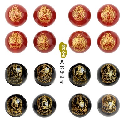红玛瑙八大守护神圆珠 黑玛瑙烫金守护神圆珠 生肖本命佛散珠批发图2