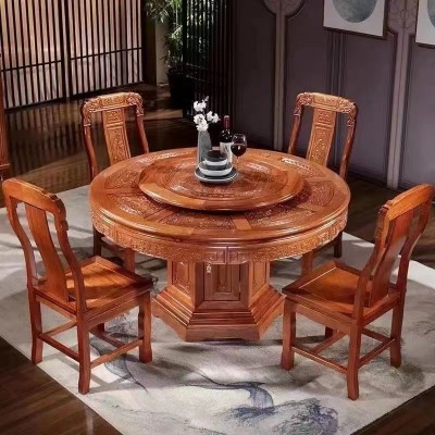 雕花实木仿古家用红木餐桌花梨木中式圆桌酒店带转盘和玻璃餐桌椅 1套起批图4