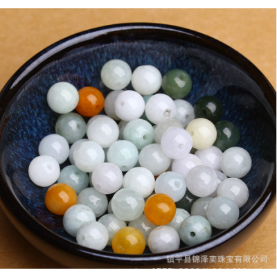 厂家直销天然三彩翡翠散珠批发缅甸冰种a货绿白黄珠子福禄寿圆珠图3