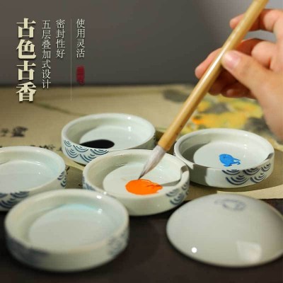 国画调色盘颜料碟陶瓷水彩调色盘国画调色碟子学生绘画用调色瓷盘图2