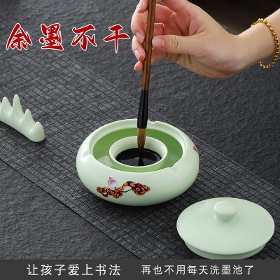 陶瓷不干墨火锅砚台墨碗文房四宝墨盒墨池批发学生用手工墨碟砚台图2