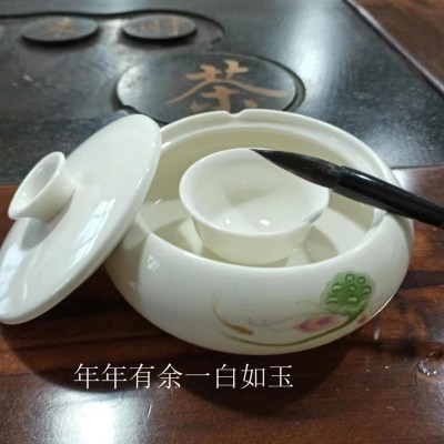 陶瓷火锅砚台带盖学生用文房四宝墨池批发不干墨盒多功能书法墨碗图3